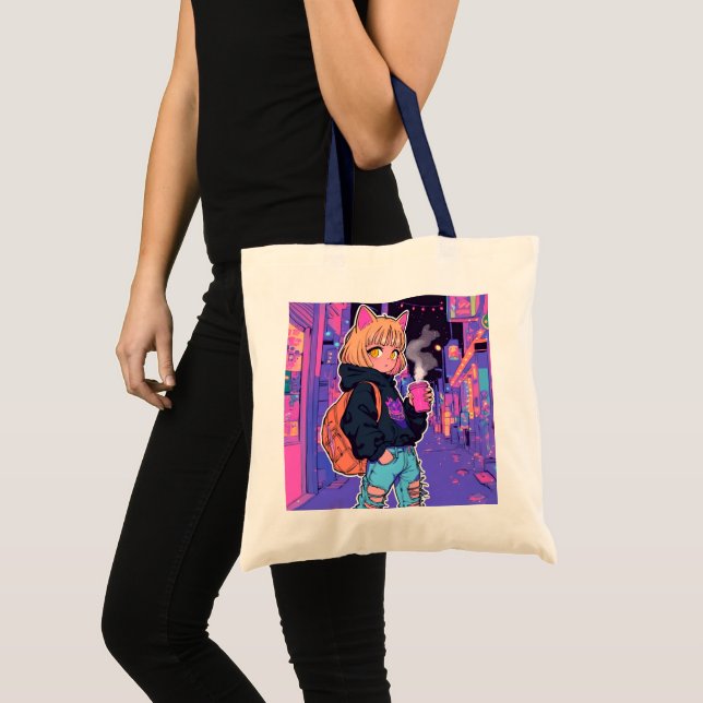 Bolso De Tela Cyberpunk Cat Girl Tote Bag – Neon Aesthetic (Anverso (producto))