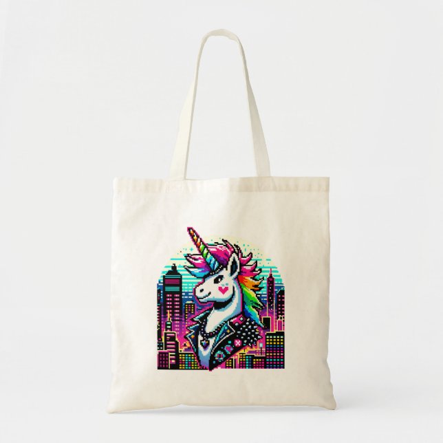 Bolso De Tela Cyberpunk Unicorn Neon Pixel Diseño del paisaje de (Frente)