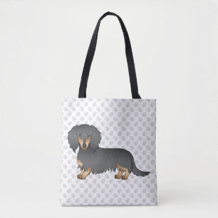 Bolso De Tela Dachshund Cartoon Perro & Huellas Pelo Largo Negro