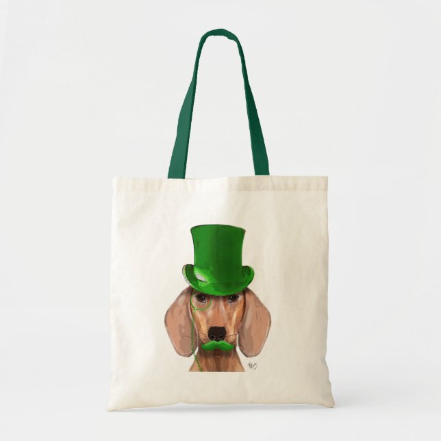 Bolso De Tela Dachshund con sombrero verde superior y bigote (Frente)