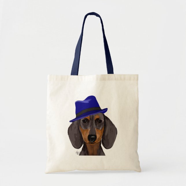 Bolso De Tela Dachshund Con Trilby Azul (Frente)