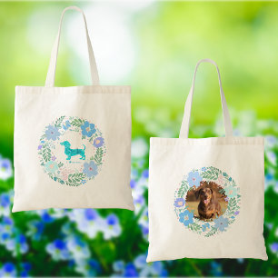 Bolso De Tela Dachshund Corona de Flores Azul Pastel - Personali