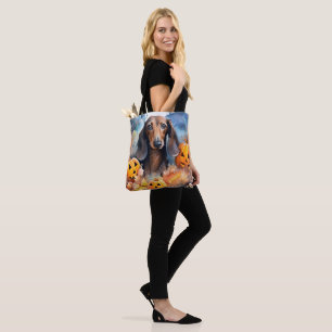 Bolso De Tela Dachshund de Halloween con calabazas espeluznante
