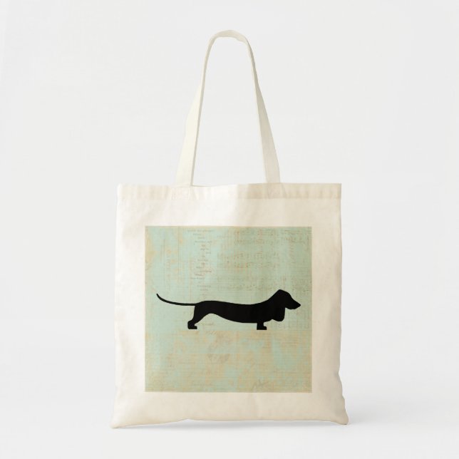 Bolso De Tela Dachshund Wiener Dog Silhouette sobre música Verde (Frente)