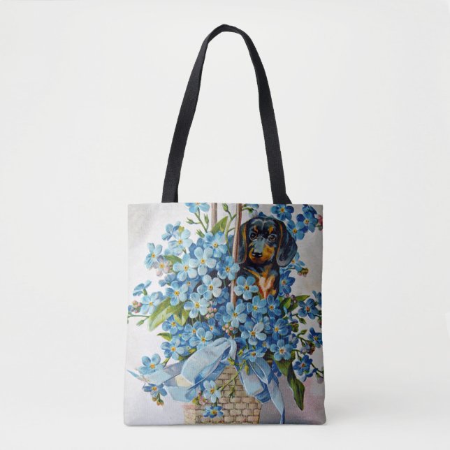 Bolso De Tela Dachshund y Forget-Me-Nots (Anverso)