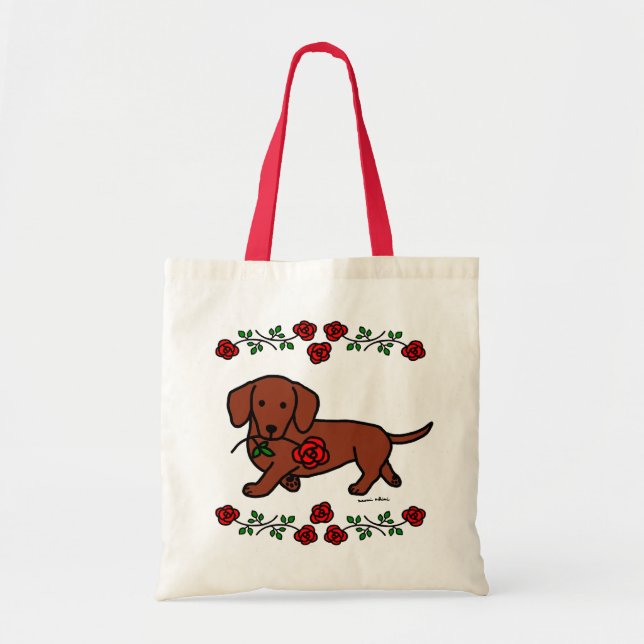 Bolso De Tela Dachshund y un dibujo animado de la flor (Frente)