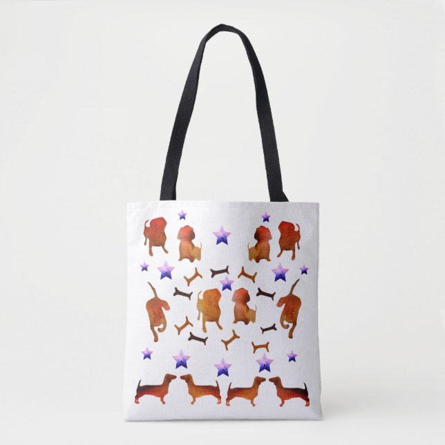 Bolso De Tela Dachshunds, estrellas y tonalidades de perro acuar (Anverso)