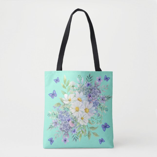 Bolso De Tela Daisias de primavera de bonito, flores azules y ma (Anverso)