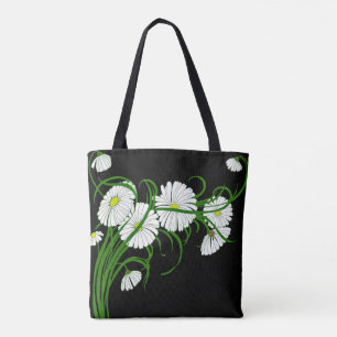Bolso De Tela Daisies blancos sobre el contraste del fondo negro