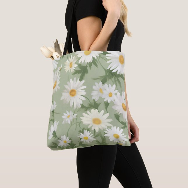 Bolso De Tela Daisies Blancos Sobre El Verde Masaje (Detalle)