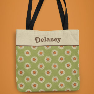 Bolso De Tela Daisitas crema y Naranja sobre el patrón verde agu