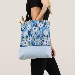 Bolso De Tela Daisitas y hojas azules y blancas, bloque de color