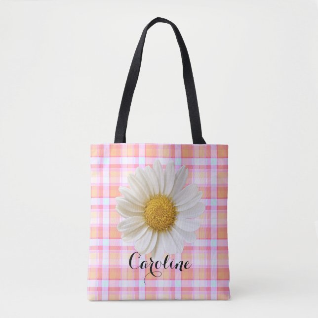 Bolso De Tela Daisy and Custom Name on Pink Plaid Pattern Tote B (Anverso)