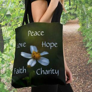 Bolso De Tela Daisy Peace Love Hope Faiity Charity Floral Green