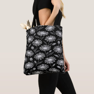 Bolso De Tela Dalia floral en blanco y negro