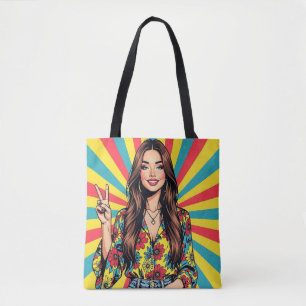 Bolso De Tela Dama de Arte Pop Retro dando Signo de Paz