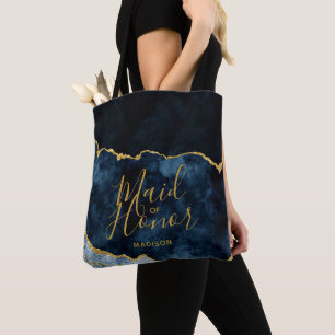 Bolso De Tela Dama de Honor de Mármol Ágata Azul Marino y Oro
