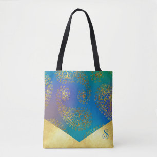 Bolso De Tela Dama de honor de monograma de oro y turquesa