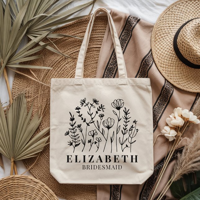 Bolso De Tela Dama de honor | Despedida de soltera rústica perso (Personalized Wildflower Tote Bag Gift for bridesmaid, bride, bride squad, or maid of honor)