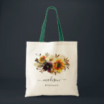 Bolso De Tela Dama de honor floral de girasoles rústicos en acua<br><div class="desc">Bolso de mano elegante y femenino con girasoles modernos rústicos,  otoño burgundy,  flores de acuarela,  nombre con letra script femenina para dama de honor de boda</div>