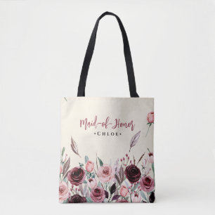 Bolso De Tela Dama de honor floral script de Borgoña vestido de