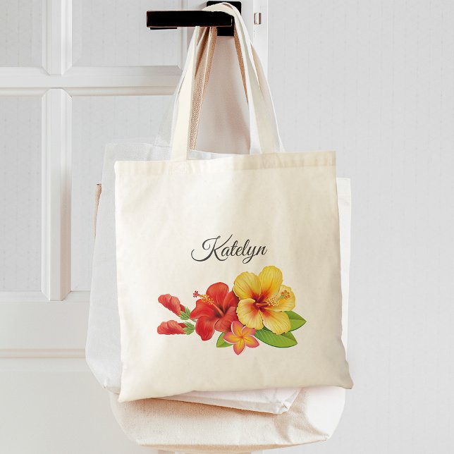 Bolso De Tela Dama de honor floral tropical de hibisco (Hibiscus Tropical Floral Bridesmaid Tote Bag)