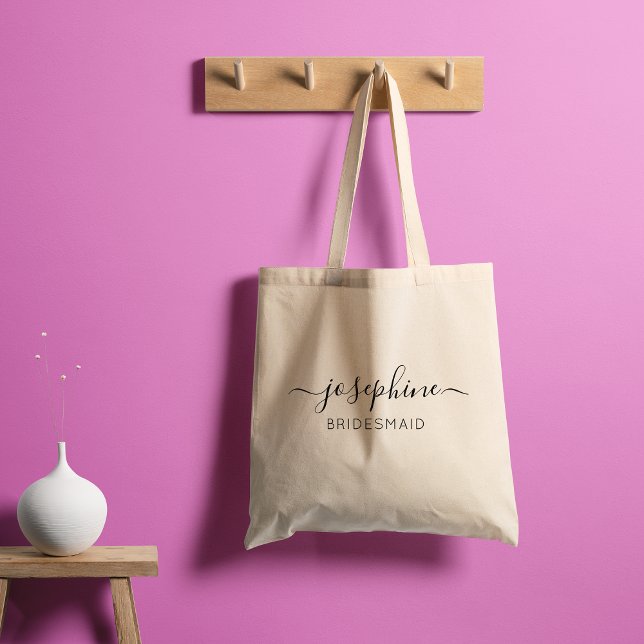 Bolso De Tela Dama de honor personalizada con nombre en púrpura (Elegant and modern script name Customizable bridesmaid tote bag. For wedding bridal party.
)