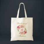 Bolso De Tela Dama de honor rosada floral del monograma del oro<br><div class="desc">La bolsa de asas floral de la dama de honor del monograma del oro de Rubor del rosa de la acuarela</div>