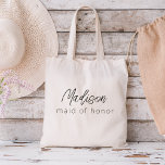 Bolso De Tela Dama de Honor Script Moderno Minimalista<br><div class="desc">Eleva tu despedida de soltera con nuestra colección "Bridesmaid Modern Minimalist Script". Esta exquisita línea de productos encarna la elegancia contemporánea y el estilo atemporal,  perfecto para celebrar tus próximas nupcias de manera moderna y sofisticada.</div>