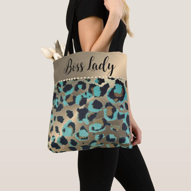 Bolso De Tela Dama del jefe del Leopardo Turquesa Metálico de Or (Detalle)