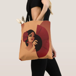 Bolso De Tela Dama española con ventilador y rosa roja en el pel