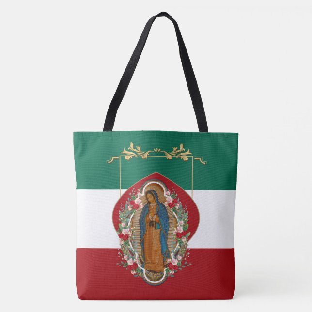 Bolso De Tela Dama Española de Guadalupe Bandera Mexicana Religi (Anverso)