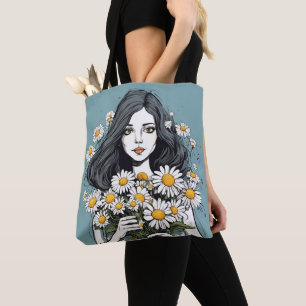 Bolso De Tela Dama Hermosa Con Ramo De Margaritas