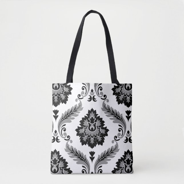 Bolso De Tela Damascado Rococó Patrón Grande Gris Negro Blanco (Anverso)