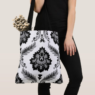 Bolso De Tela Damascado Rococó Patrón Grande Gris Negro Blanco