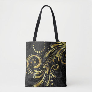 Bolso De Tela Damasco De Floral Negra Y Swirl De Oro