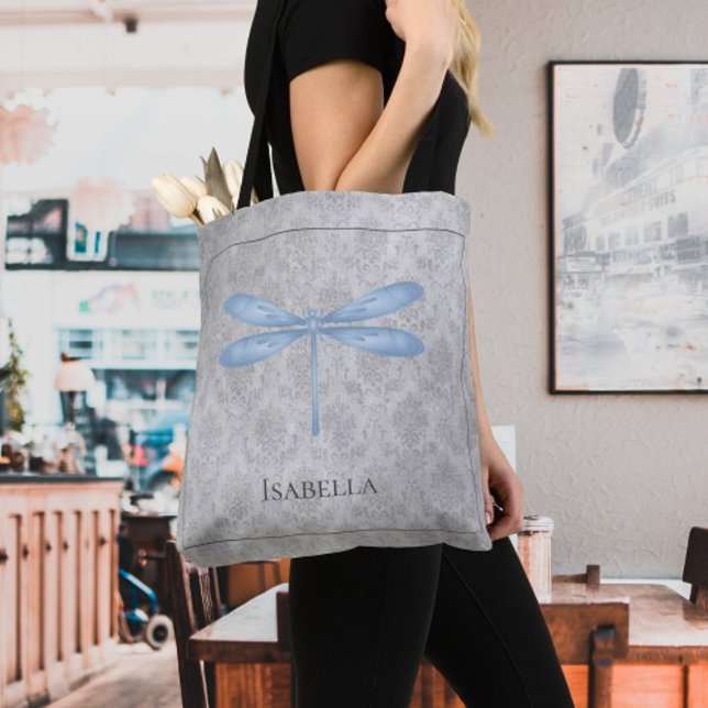 Bolso De Tela Damasco de la libélula azul (Blue Dragonfly Damask Tote Bag)