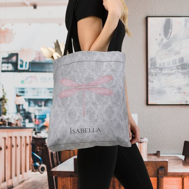 Bolso De Tela Damasco de la libélula rosa (Pink Dragonfly Damask Tote Bag)