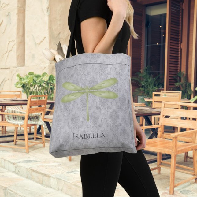 Bolso De Tela Damasco de la libélula verde (Green Dragonfly Damask Tote Bag)