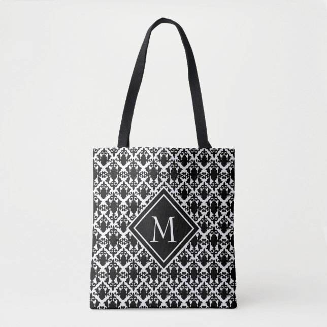 Bolso De Tela Damasco de Monograma Negro y Blanco (Anverso)