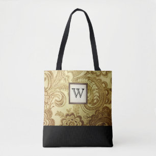 Bolso De Tela Damasco de oro con monograma negro
