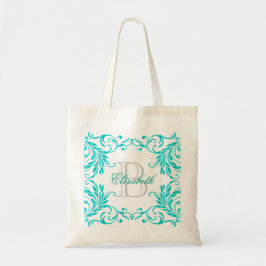 Bolso De Tela Damasco del azul de la aguamarina del monograma