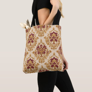 Bolso De Tela Damasco Floral Dorado Marfil
