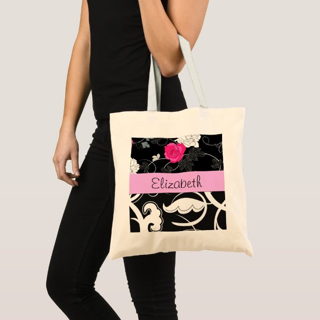 Bolso De Tela Damasco francés, flores, negro y blanco, tu nombre (Anverso (producto))