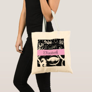 Bolso De Tela Damasco francés, flores, negro y blanco, tu nombre