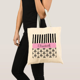 Bolso De Tela Damasco francés, franjas, negro y blanco, tu nombr