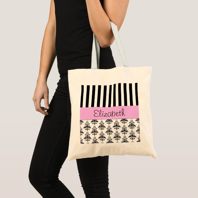 Bolso De Tela Damasco francés, franjas, negro y blanco, tu nombr (Anverso (producto))