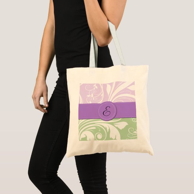 Bolso De Tela Damasco morado, Damasco verde, monograma (Anverso (producto))