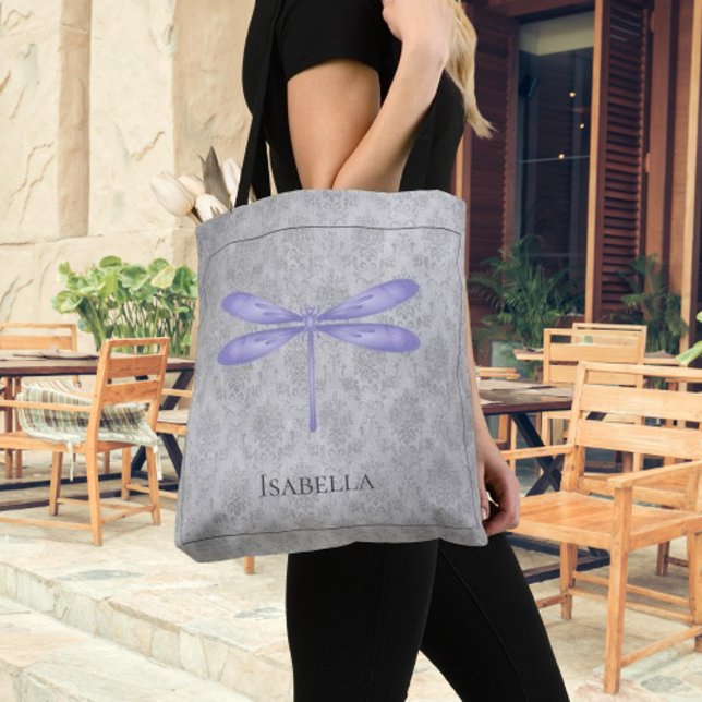 Bolso De Tela Damasco morado de libélula (Purple Dragonfly Damask Tote Bag)