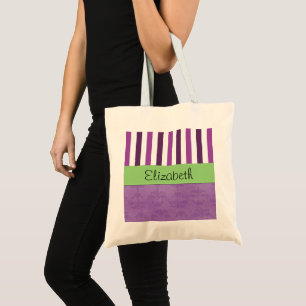 Bolso De Tela Damasco morado, franjas moradas, rayas, tu nombre